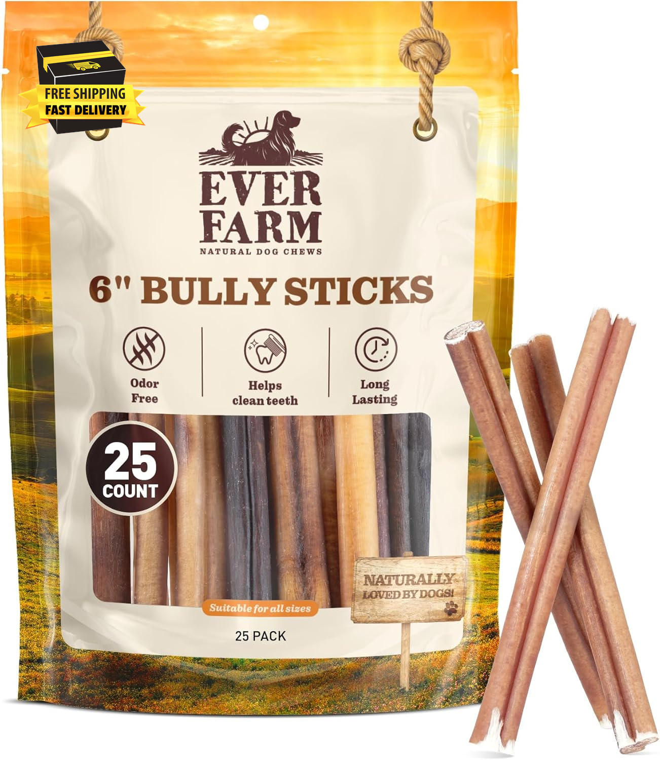 Odor-Free Standard Bully Sticks (6″, 25 Pack) – 100% Grass-Fed Beef Pizzle Dog C
