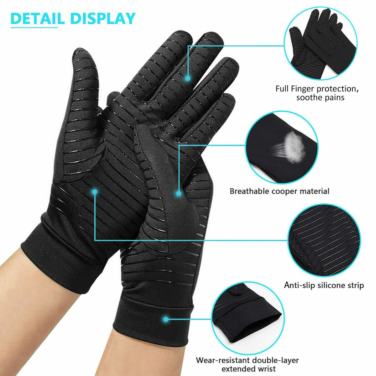 2Pairs Copper Infused Arthritis Compression Gloves Full Finger Joint Pain Relief