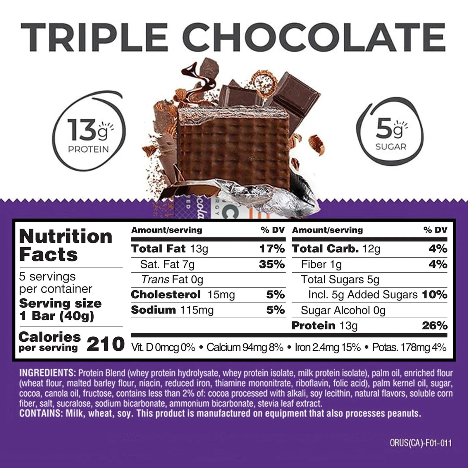 Power Crunch Original Protein Energy Bars, Triple Chocolate, 1.4 oz, 5 Count