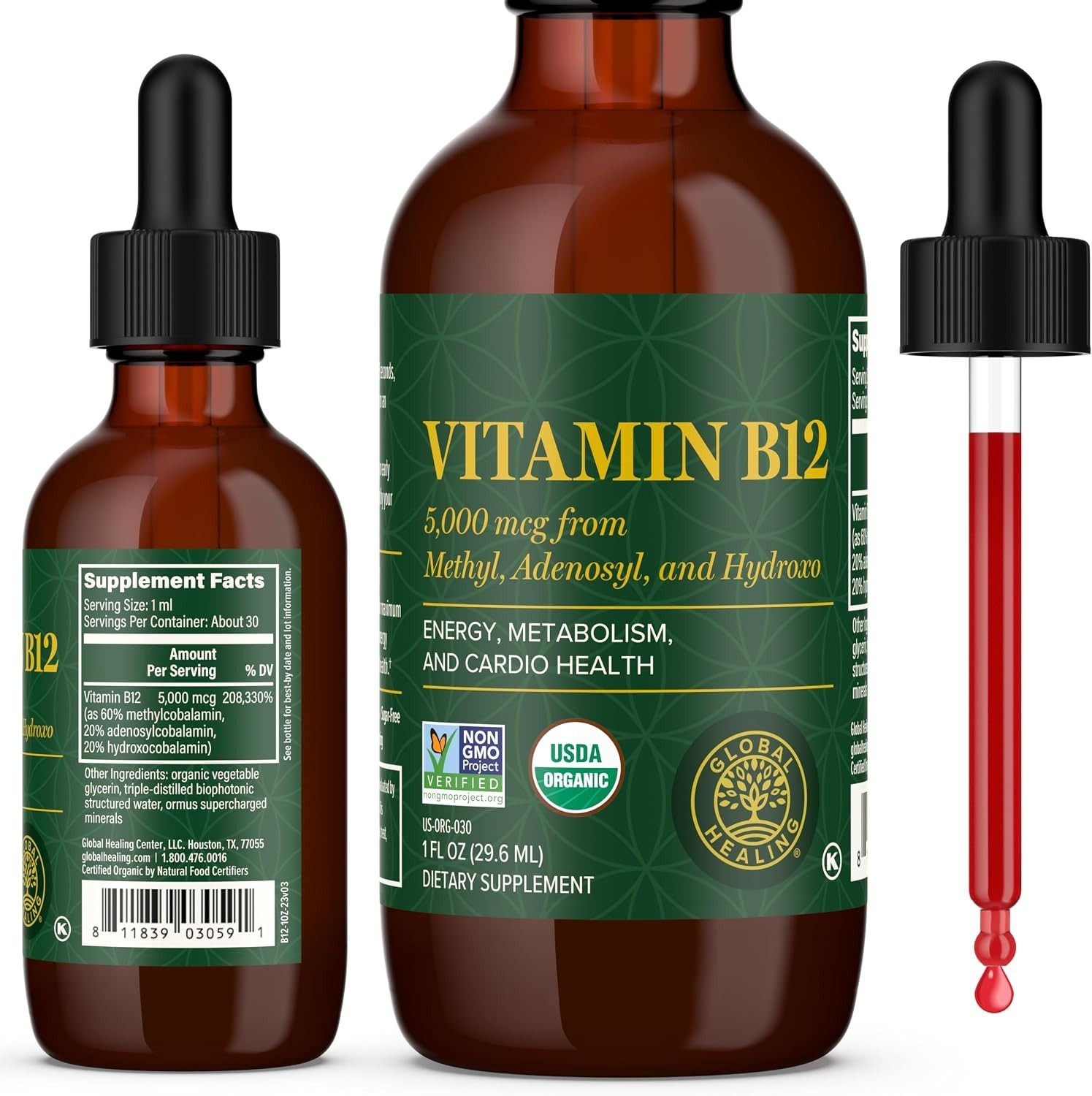 Global Healing Vitamin B12 Liquid 5000mcg Vegan Sublingual 1oz Exp 02/2028
