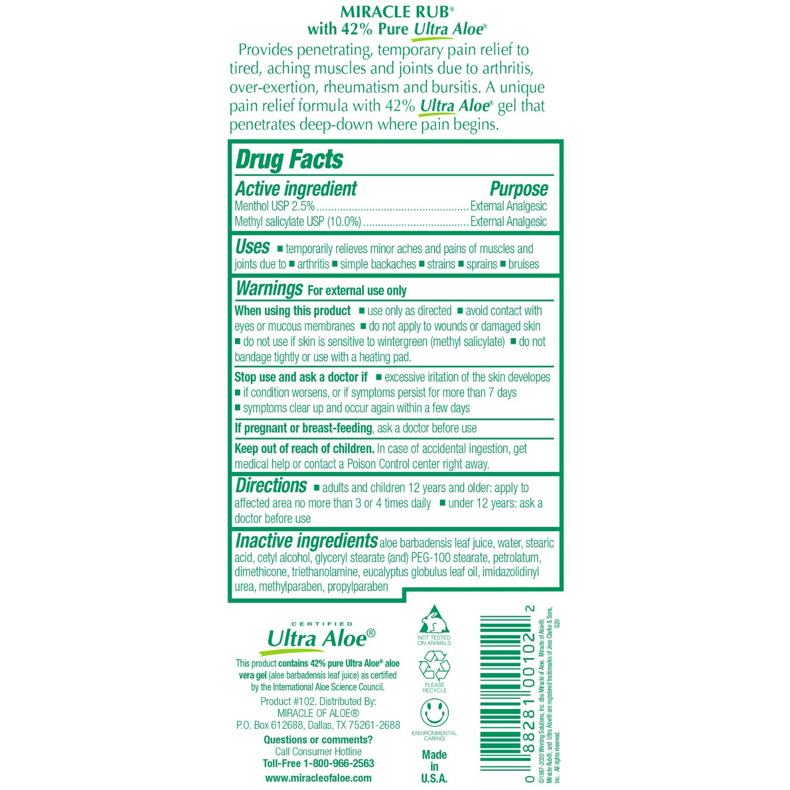 Miracle Rub Pain Relieving Cream with 42% Aloe, 8 oz Tube (2 Pack)