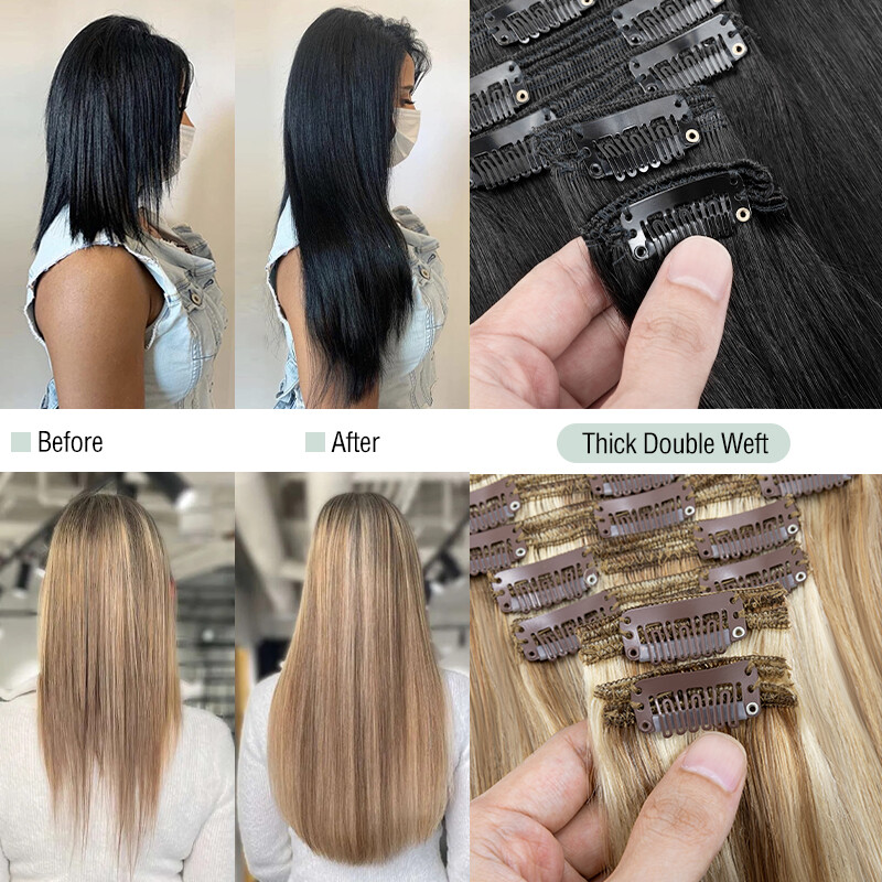10-24″ Double Wefts Clip in 100% Remy Human Hair Extensions Full Head Long THICK