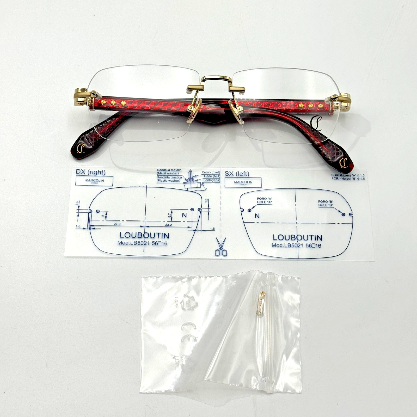 Christian Louboutin Eyeglass Frames LB5021 032 Gold Rectangle Rimless 56-16-145