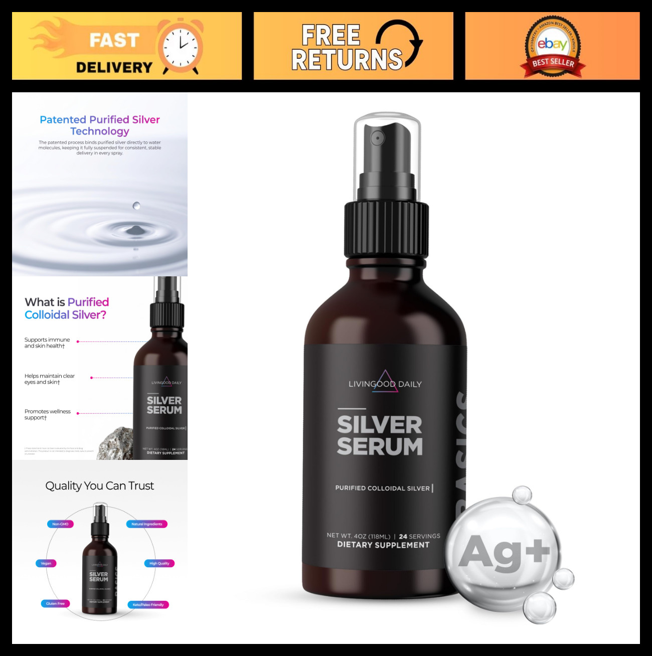 Colloidal Silver Liquid Spray 4oz – Purified Silver for Wellness, Oral Care, Ski