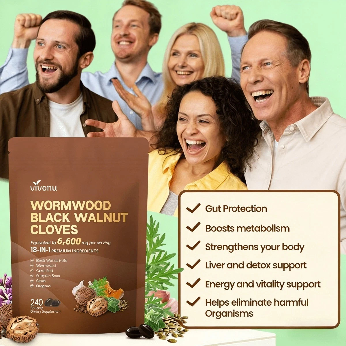VIVONU Wormwood Black Walnut Cloves Capsules, Metabolism & Energy Support