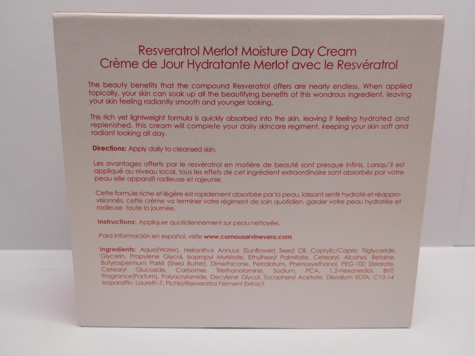 Vine-vera Merlot Moisture Day Cream Resveratrol Skin Care 1.83 oz – New