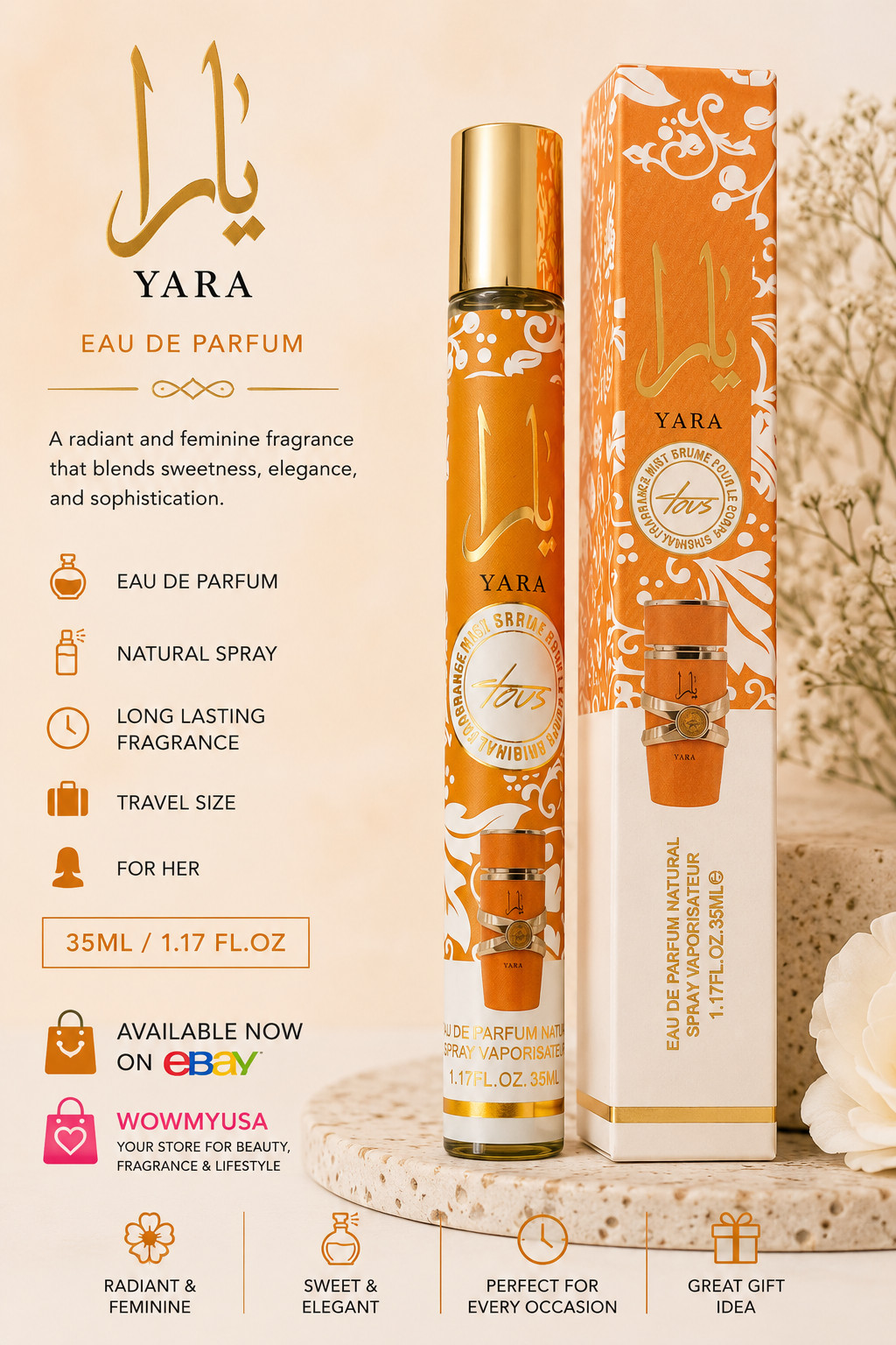 Yara Tous Eau De Parfum Natural Spray 35ml 1.17oz Travel Size For Her