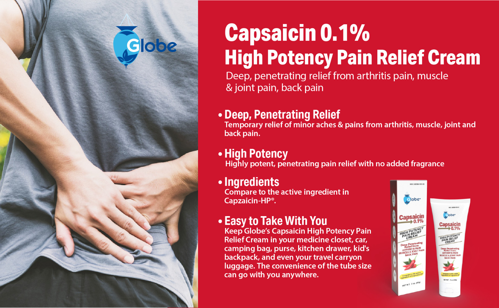 Globe Capsaicin 0.1% High Potency Pain Relief Cream 2 oz (3 Pack)