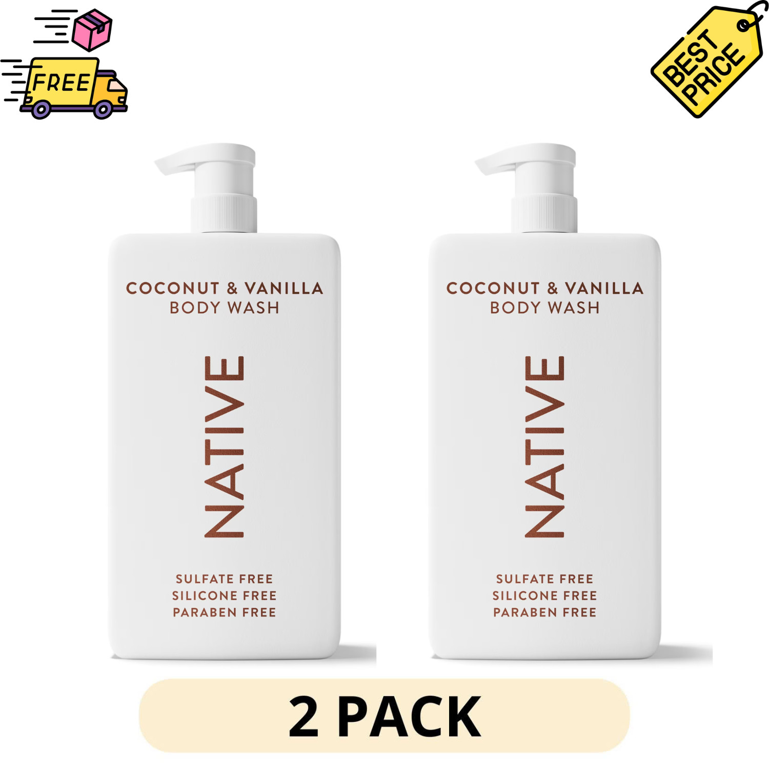 (2 Pack) Native Coconut Vanilla Body Wash 36 fl oz Sulfate Free for Men & Women