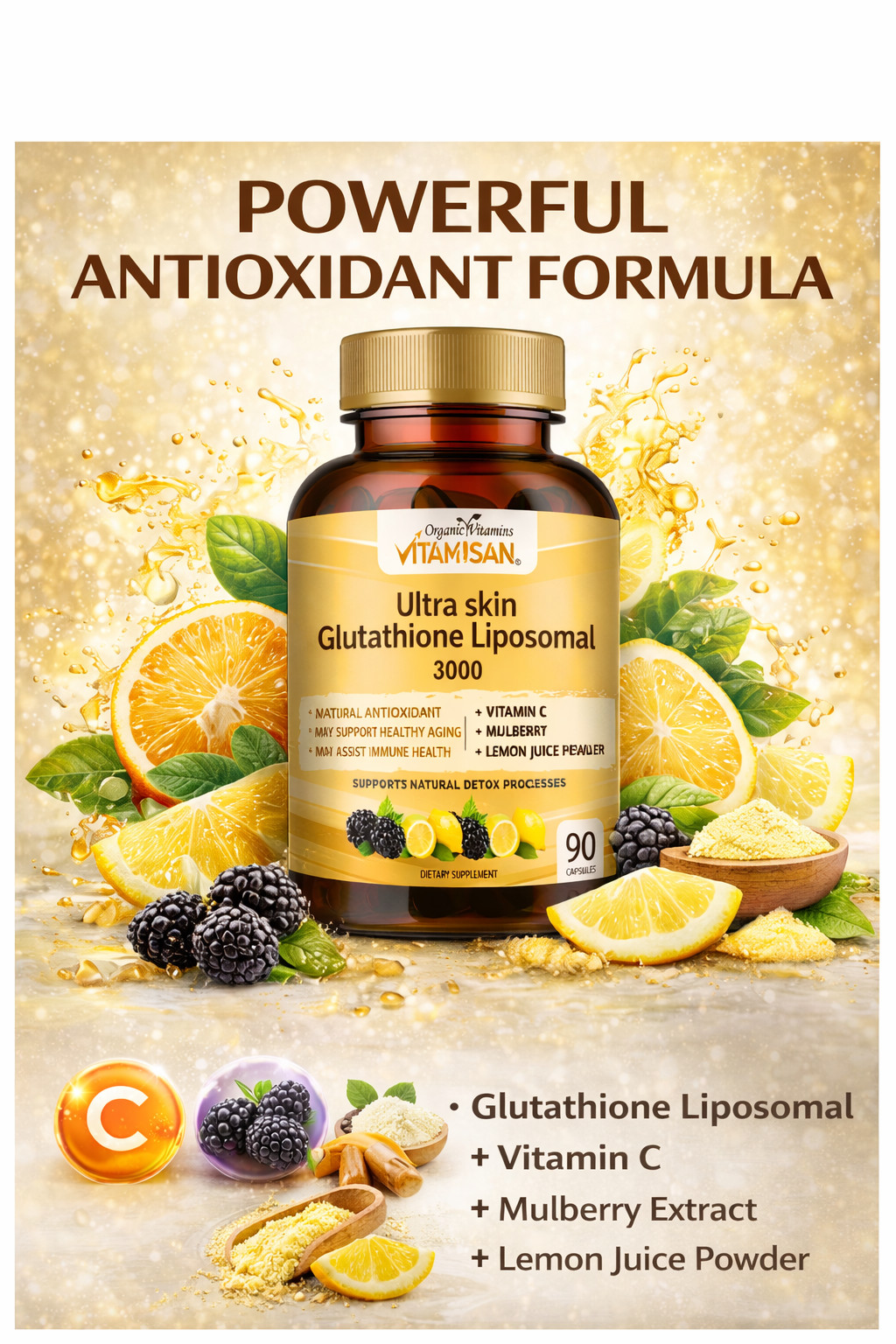 3 Pack Liposomal Glutathione 3000mg + Vitamin C Antioxidant 270 Caps