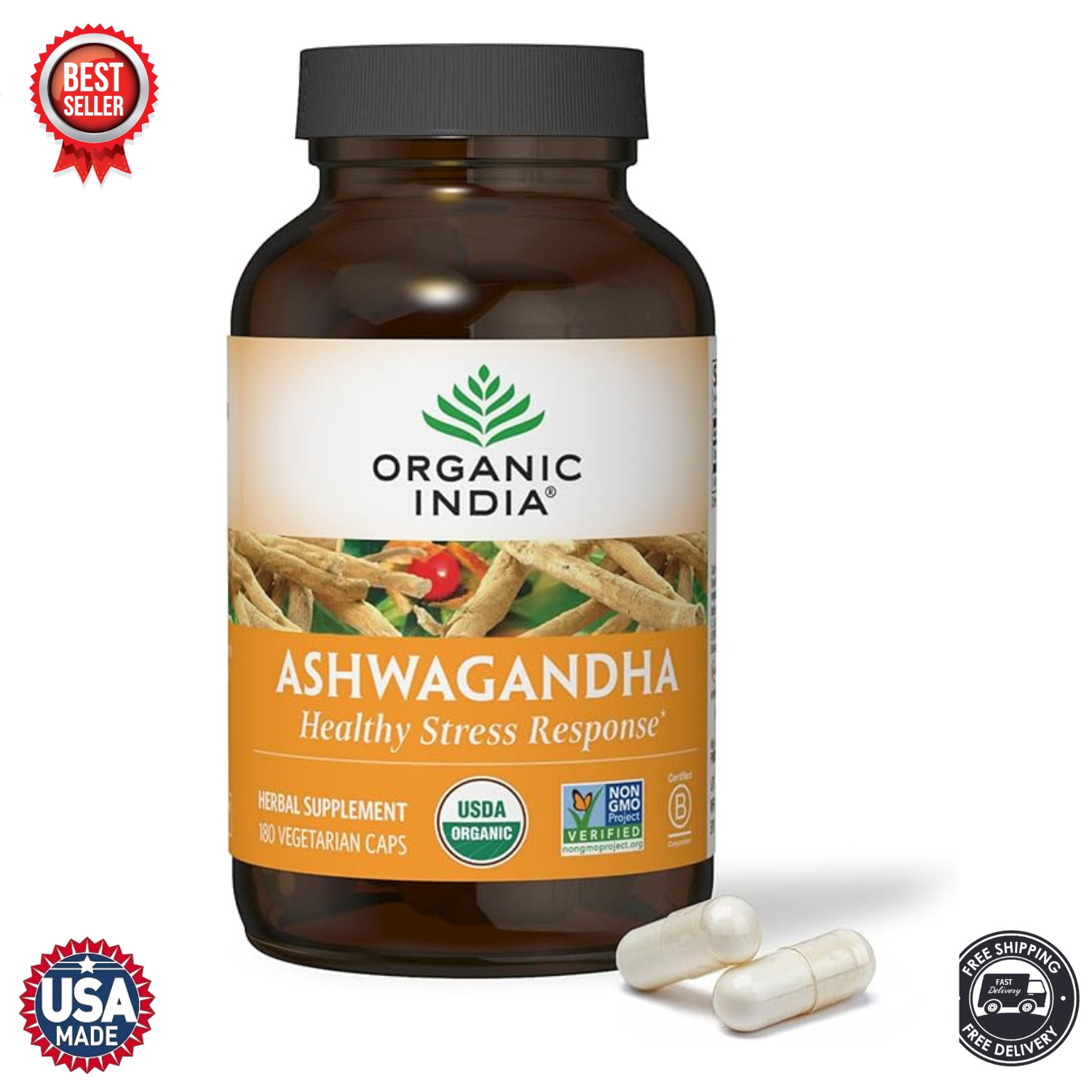 ORGANIC INDIA Ashwagandha Capsules – Natural Stress Support | 180 Vegan Capsules