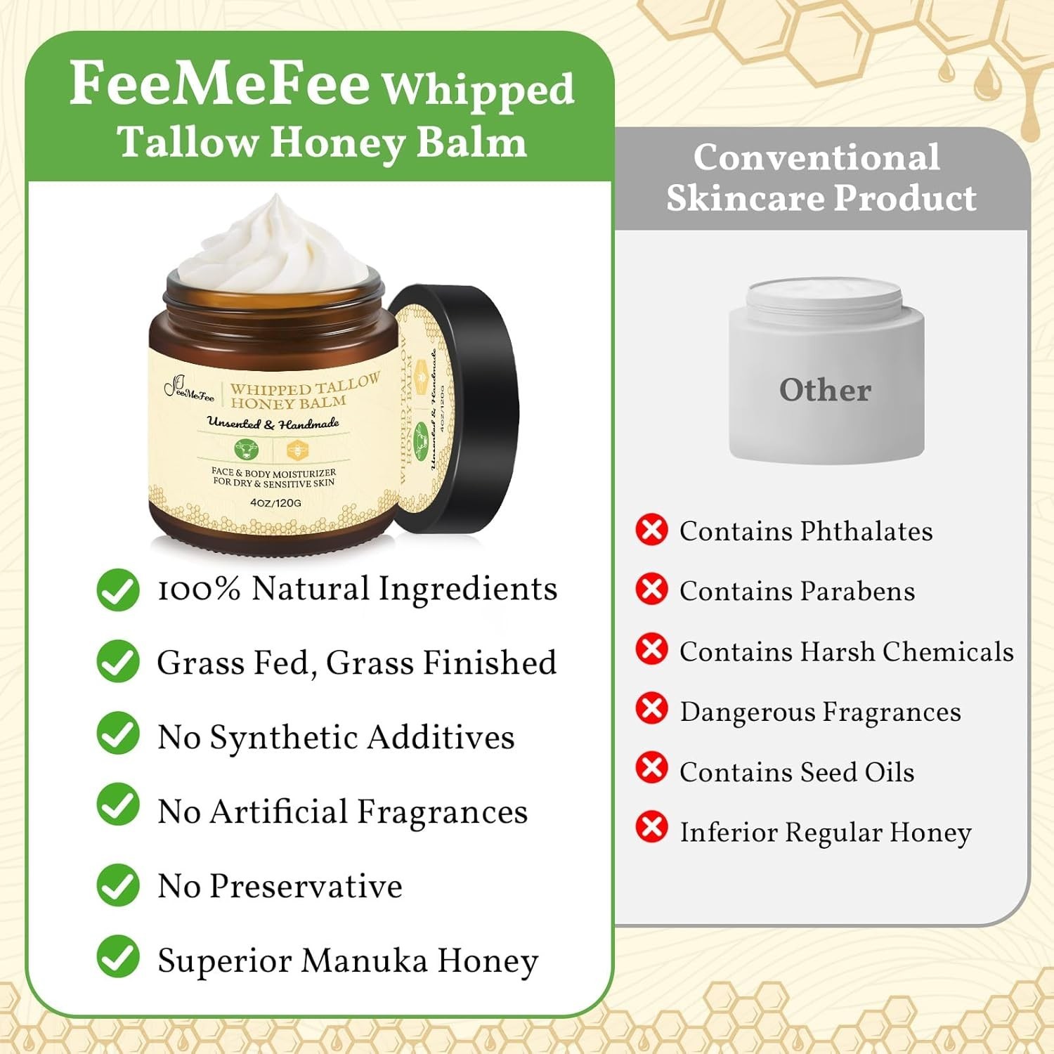 Beef Tallow for Skin 4oz | Tallow And Manuka Honey Balm | Unscented Tallow Fa