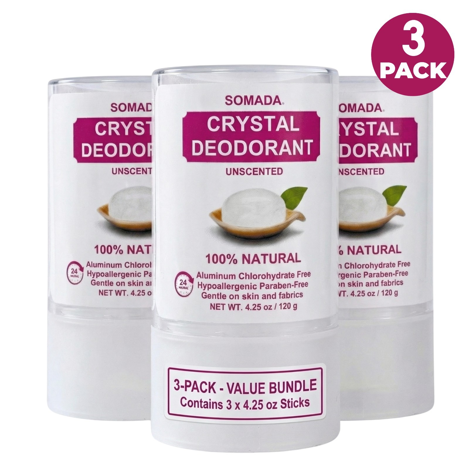 Crystal Mineral Deodorant Stick Women Aluminum-Free 4.25 oz Unscented 3-Pack