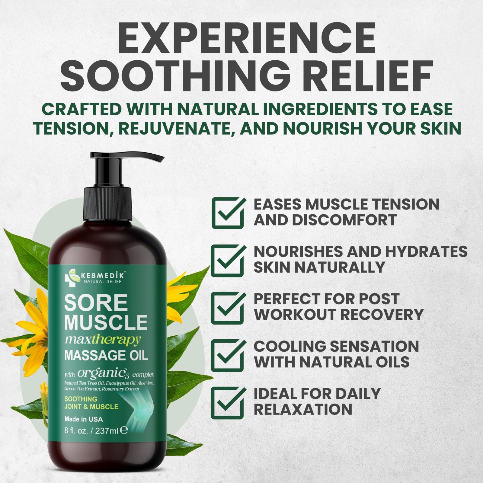 Kesmedik Sore Muscle Massage Oil, Organic-5 Complex, Non-Greasy, Soothing Relief