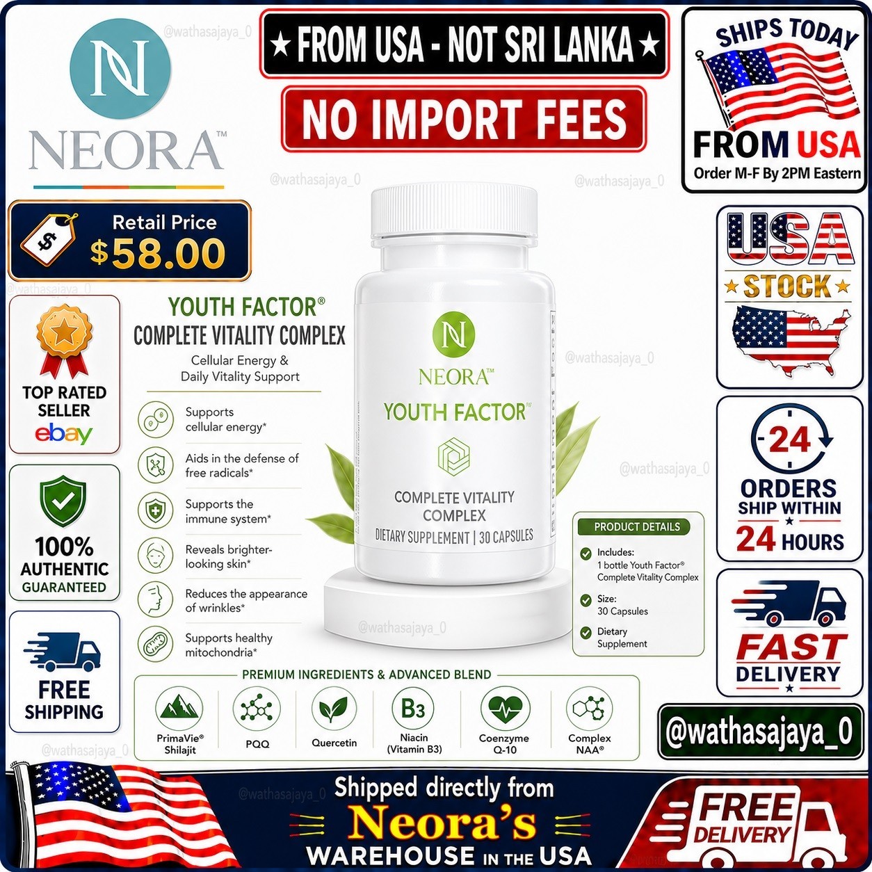 Neora Youth Factor Complete Vitality Complex 30 Capsules Energy NEW🚚From USA🚚