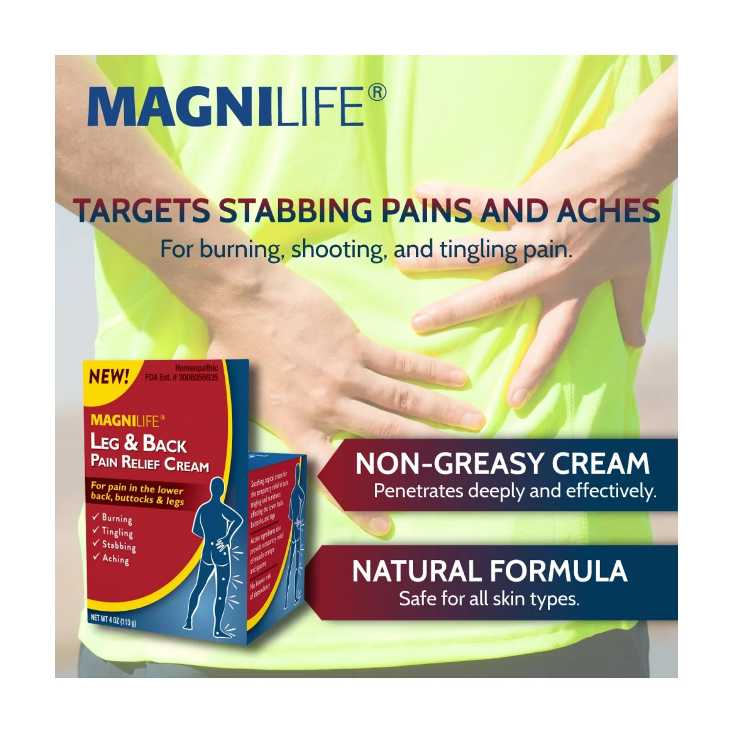 3 Pack MagniLife Pain Relief Cream 4oz Leg Back Sciatica Fast Acting Non Greasy