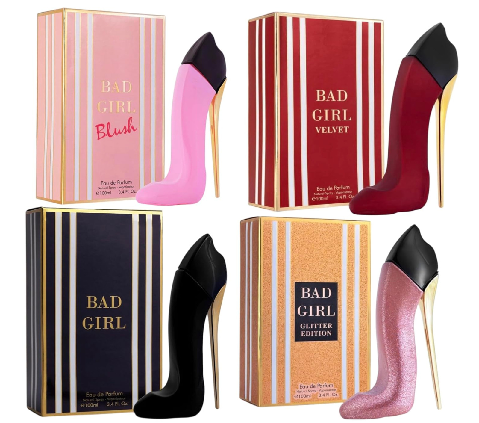 Bad Girl Perfume 4PC Set for Women Eau De Parfum Blush Velvet Glitter 100ml