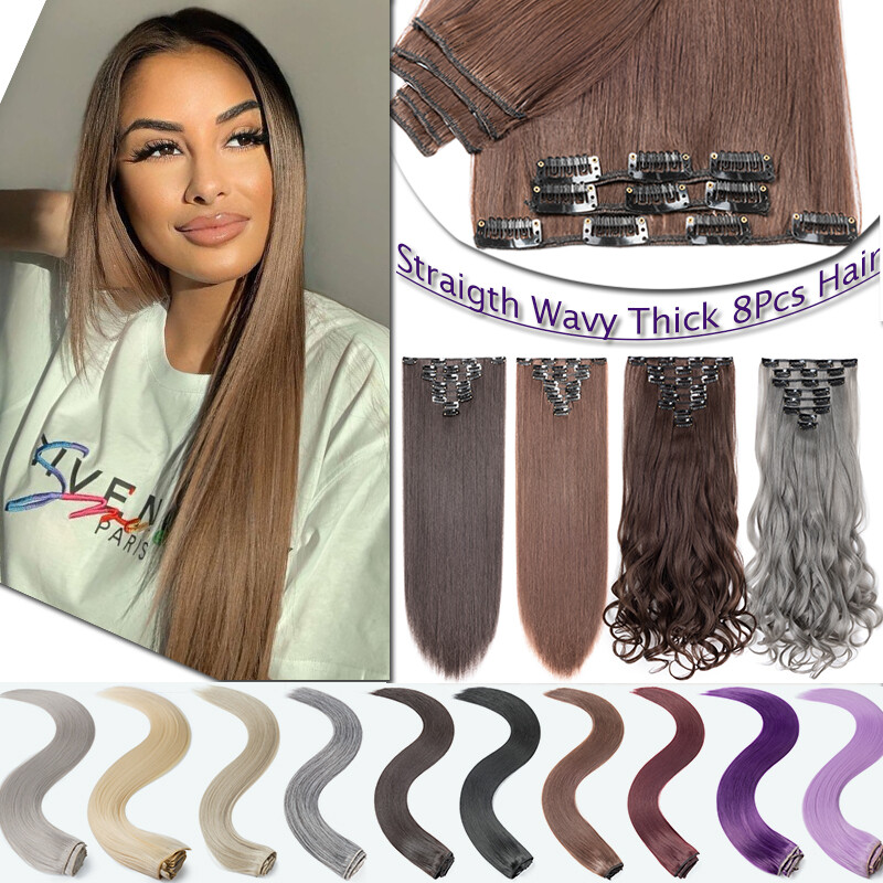 US 8 Pieces Clip In Hair Extensions Full Head Natural As Human Real Thick Wavy