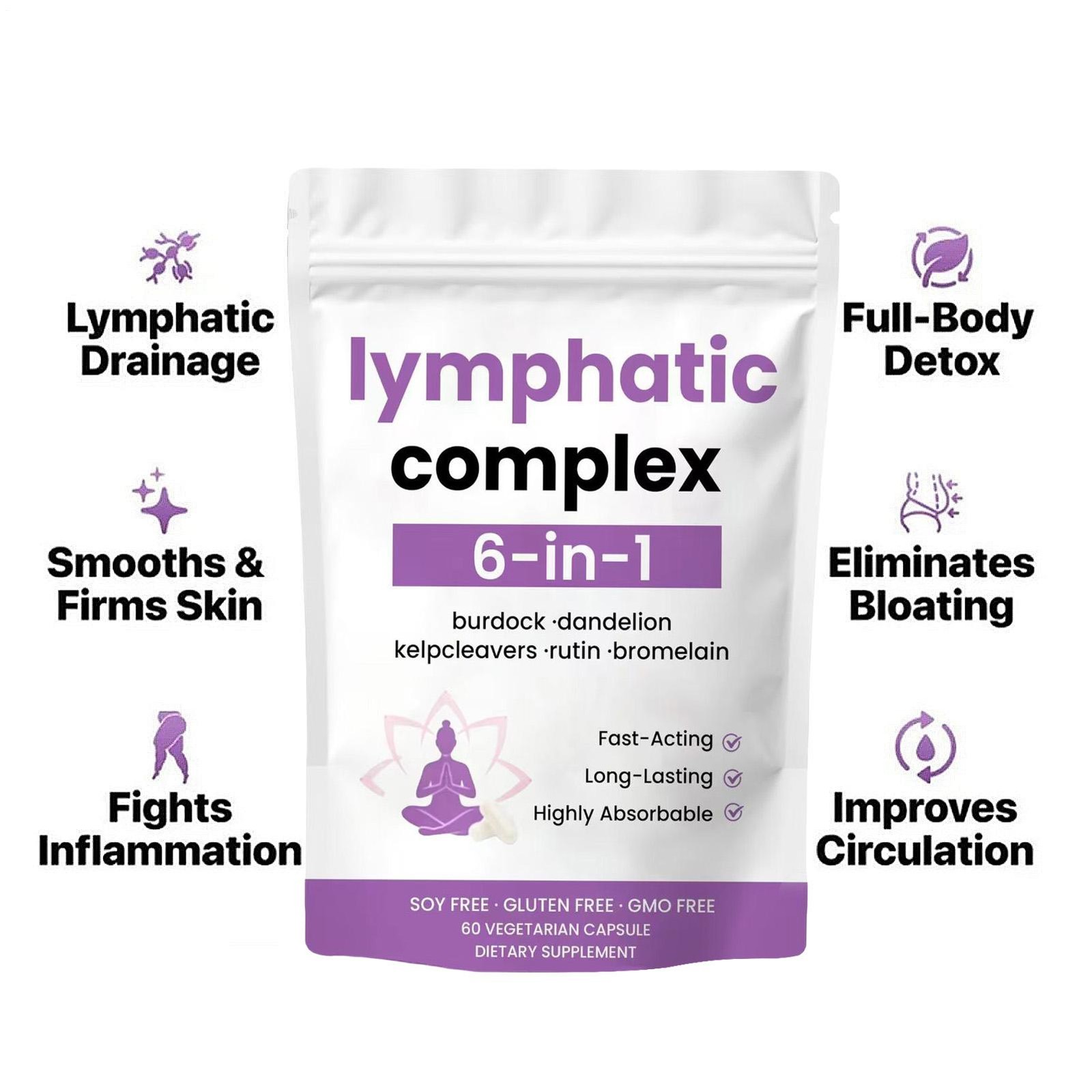 6-in-1 Lymphatic Complex Drainage Supplement Dandelion Burdock Bromelain Kelp