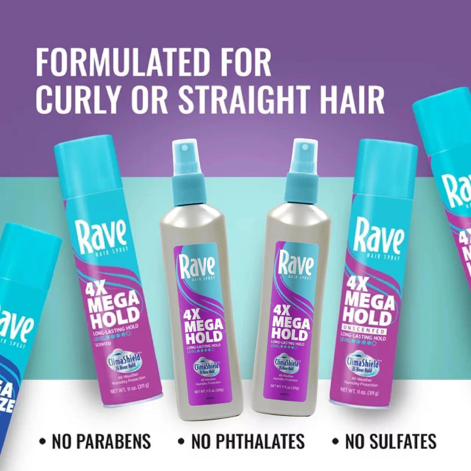 (4 pack) Rave 4X Mega Hold Non-Aerosol Hair Spray, All-Weather Protection, 11 Oz