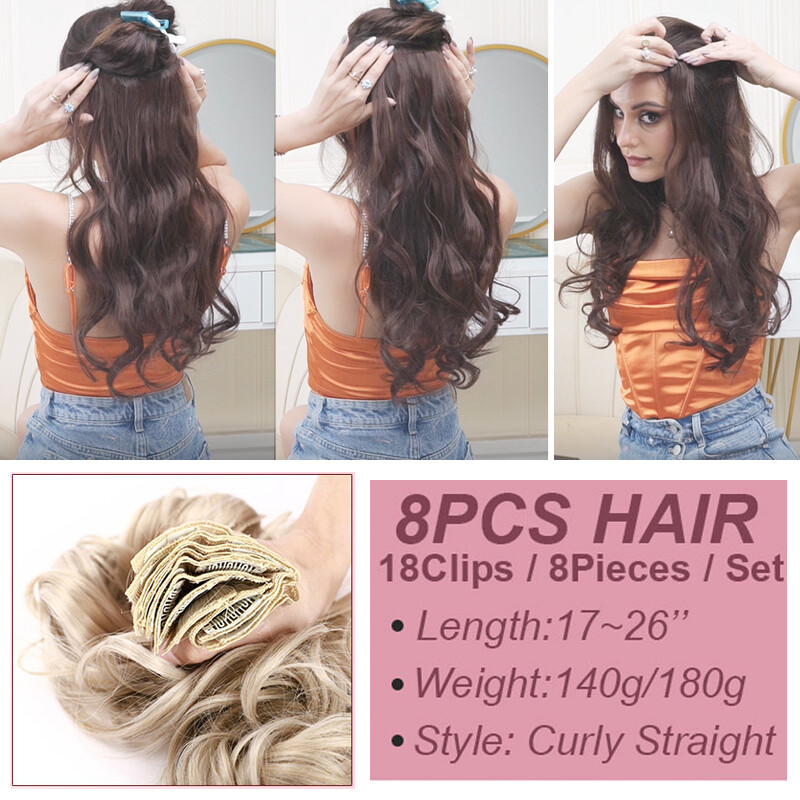 Real Long Thick 8 Pieces 18 Clips Clip in Hair Extensions Hair Party Highlight 6