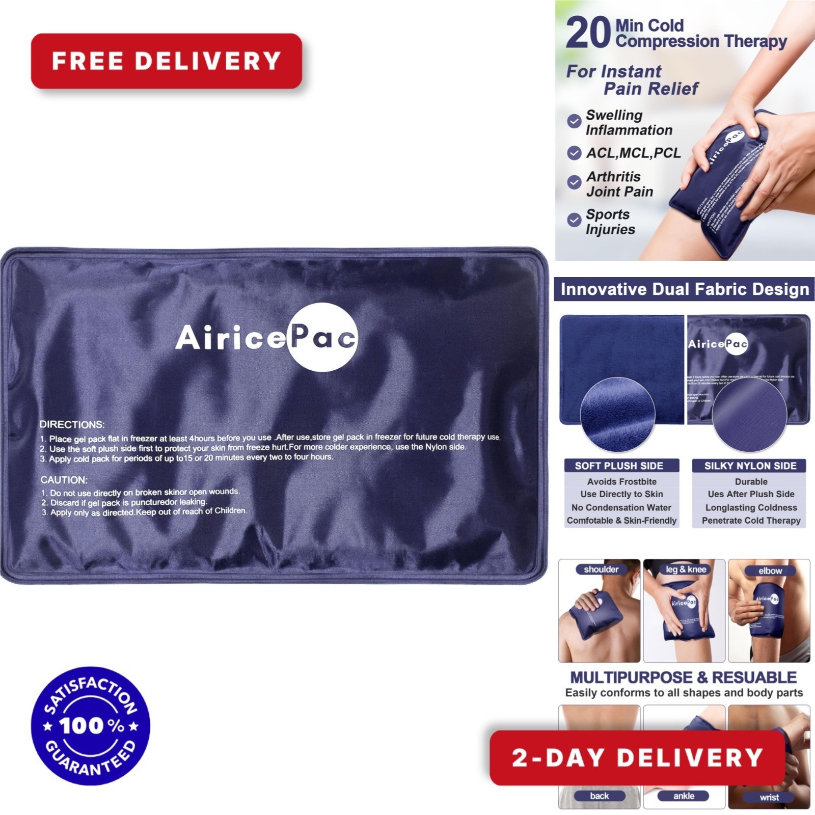 AiricePac Reusable Gel Cold Pack for Pain Relief 7″x11″ Blue