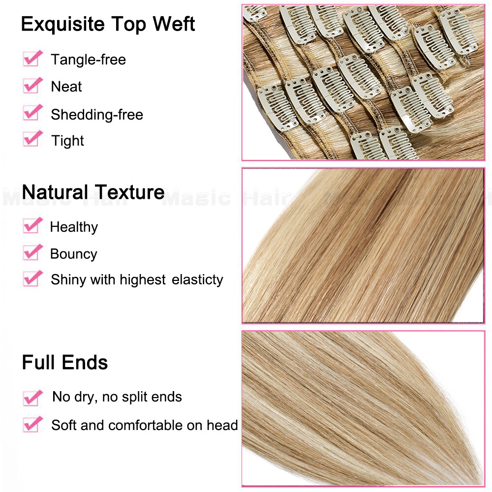 Clip In Human Hair Extensions 100% Remy Hair 8Pieces 18Clips Full Head 20/22/24″