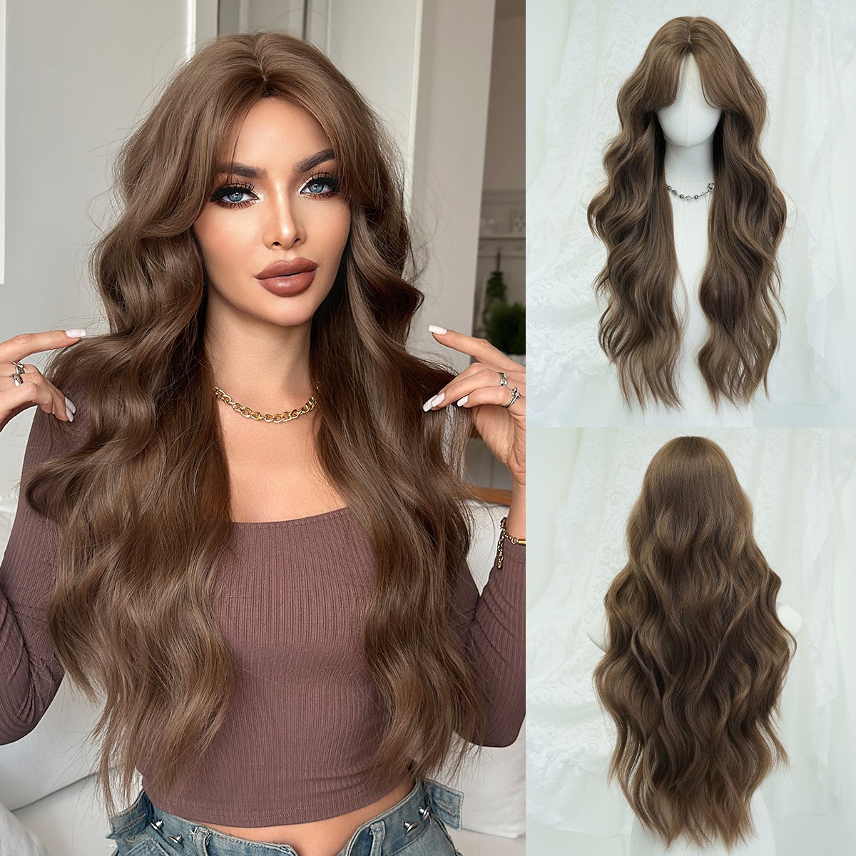 Warm Brown Long Body Wave Full Wig Natural Realistic Synthetic Wig for Round