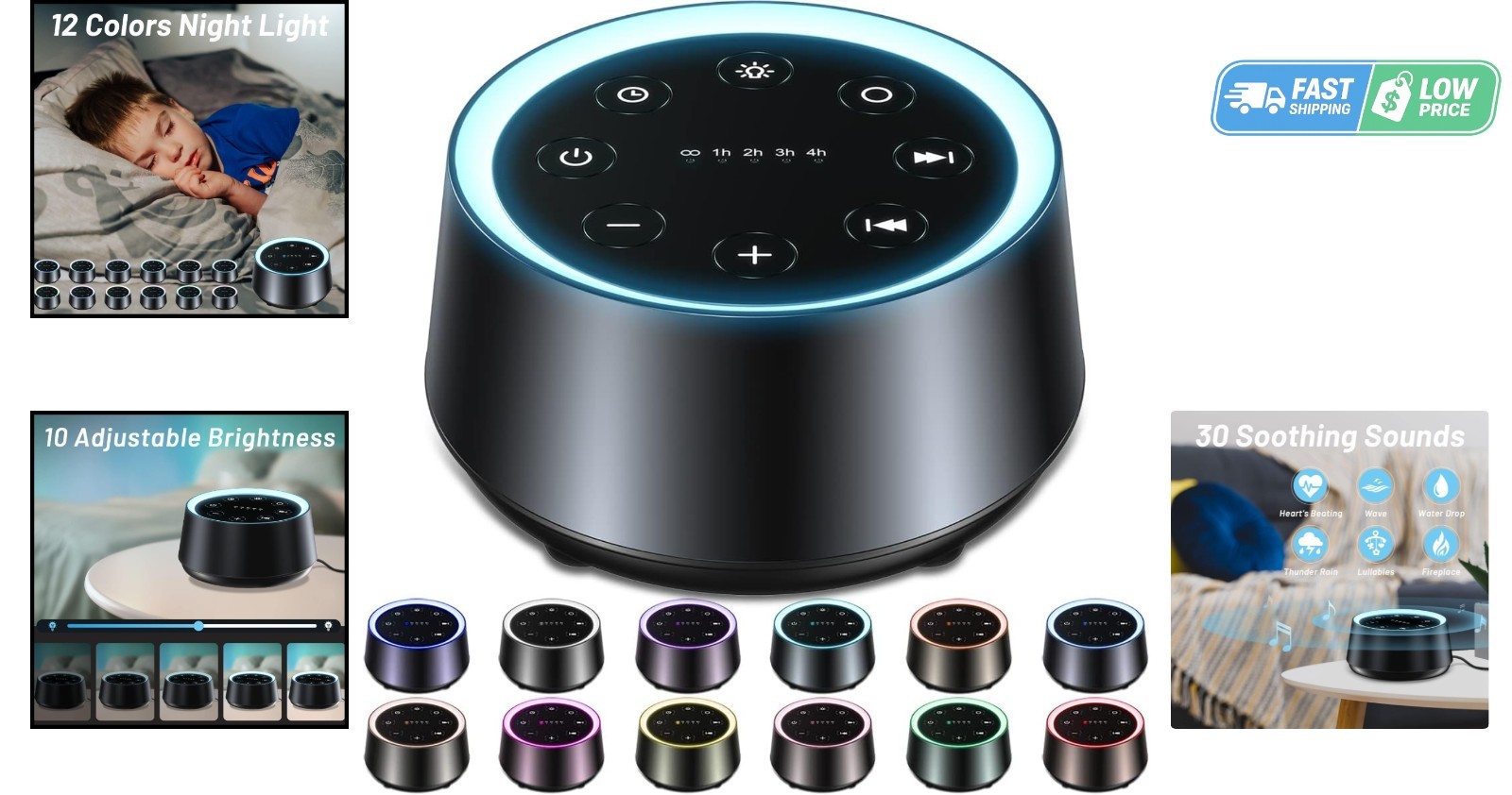 Travel-Friendly Sleep Sound Machine: 30 Sounds, 12 Night Lights & Compact Size