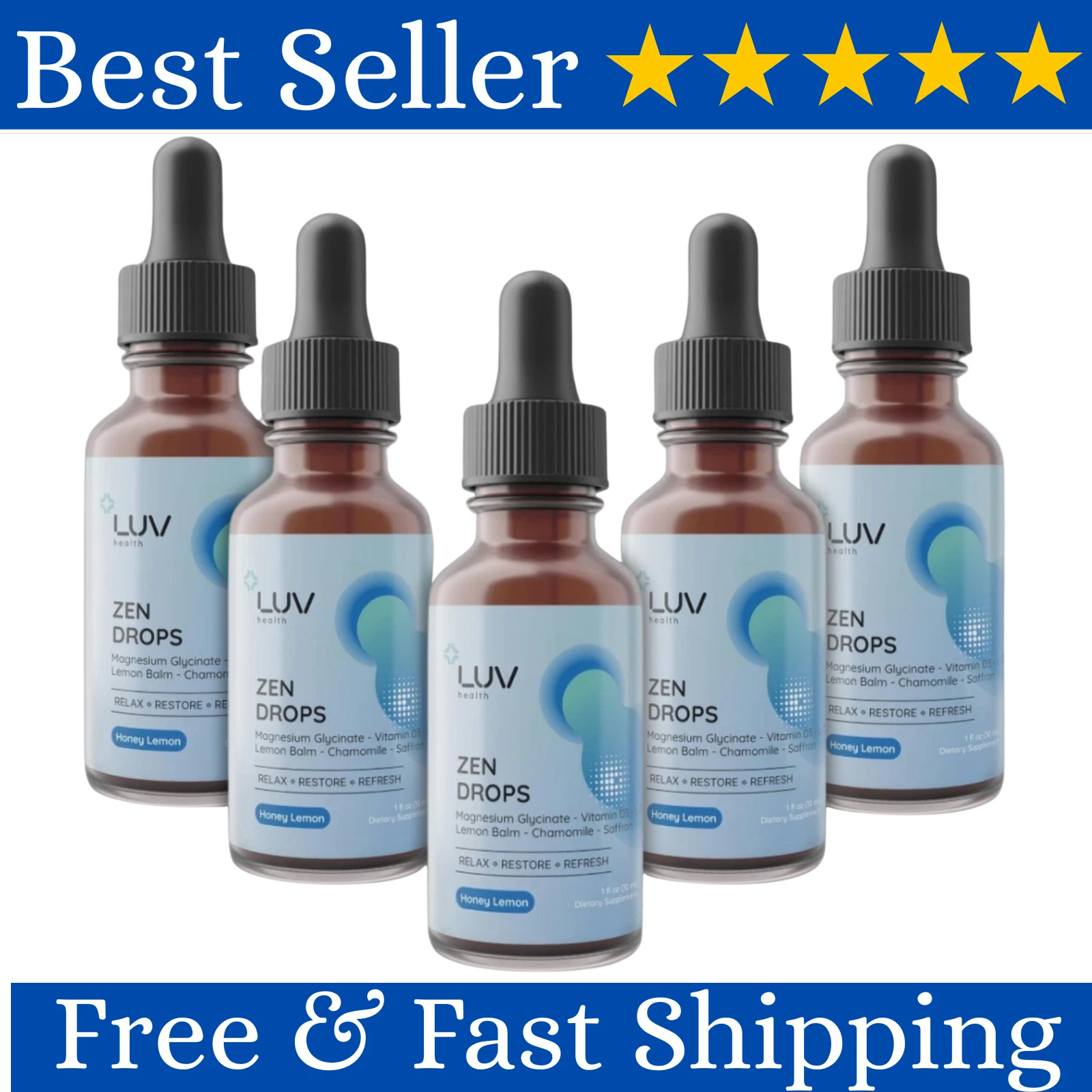LUV Zen Drops Stress Support with Magnesium Glycinate and Lemon BalM 5 PACK.