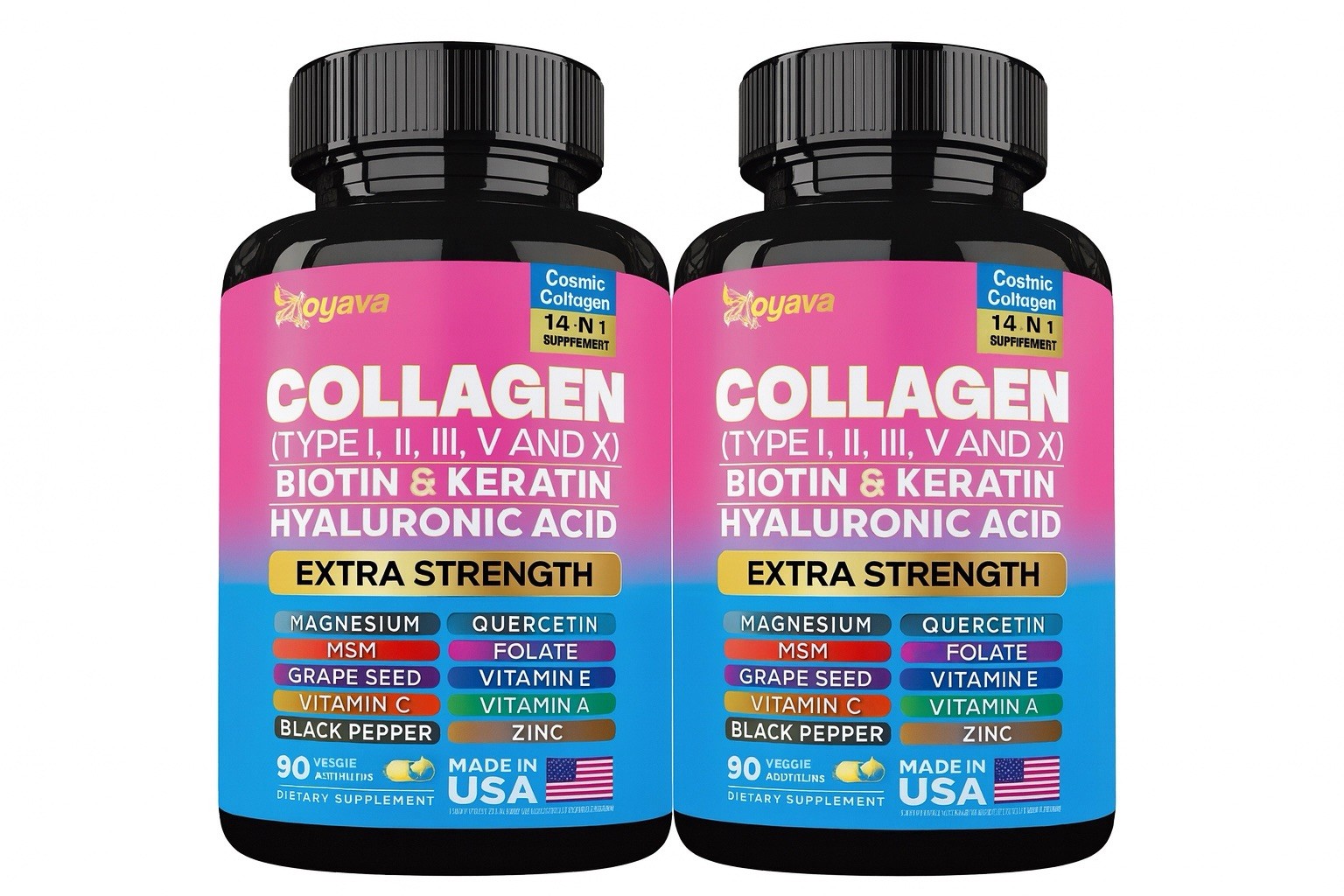 2 Pack- Zoyava Collagen 14-1 Extra Strength | Biotin Keratin Hyaluronic Acid USA