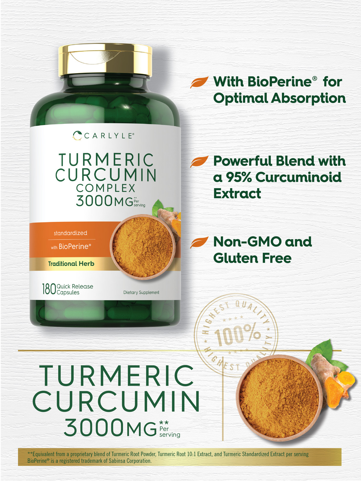 Turmeric Curcumin 3000mg 180 Capsules | with Bioperine | by Carlyle