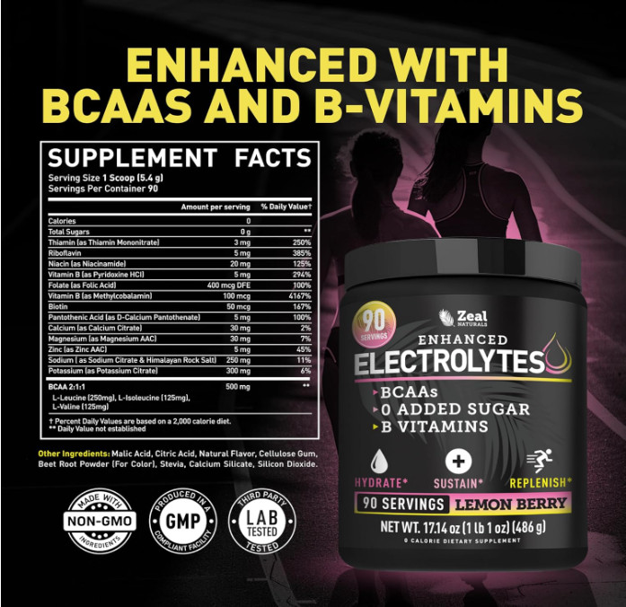 Zeal Electrolyte Powder, Lemon Berry, Zero Sugar, 90 Servings