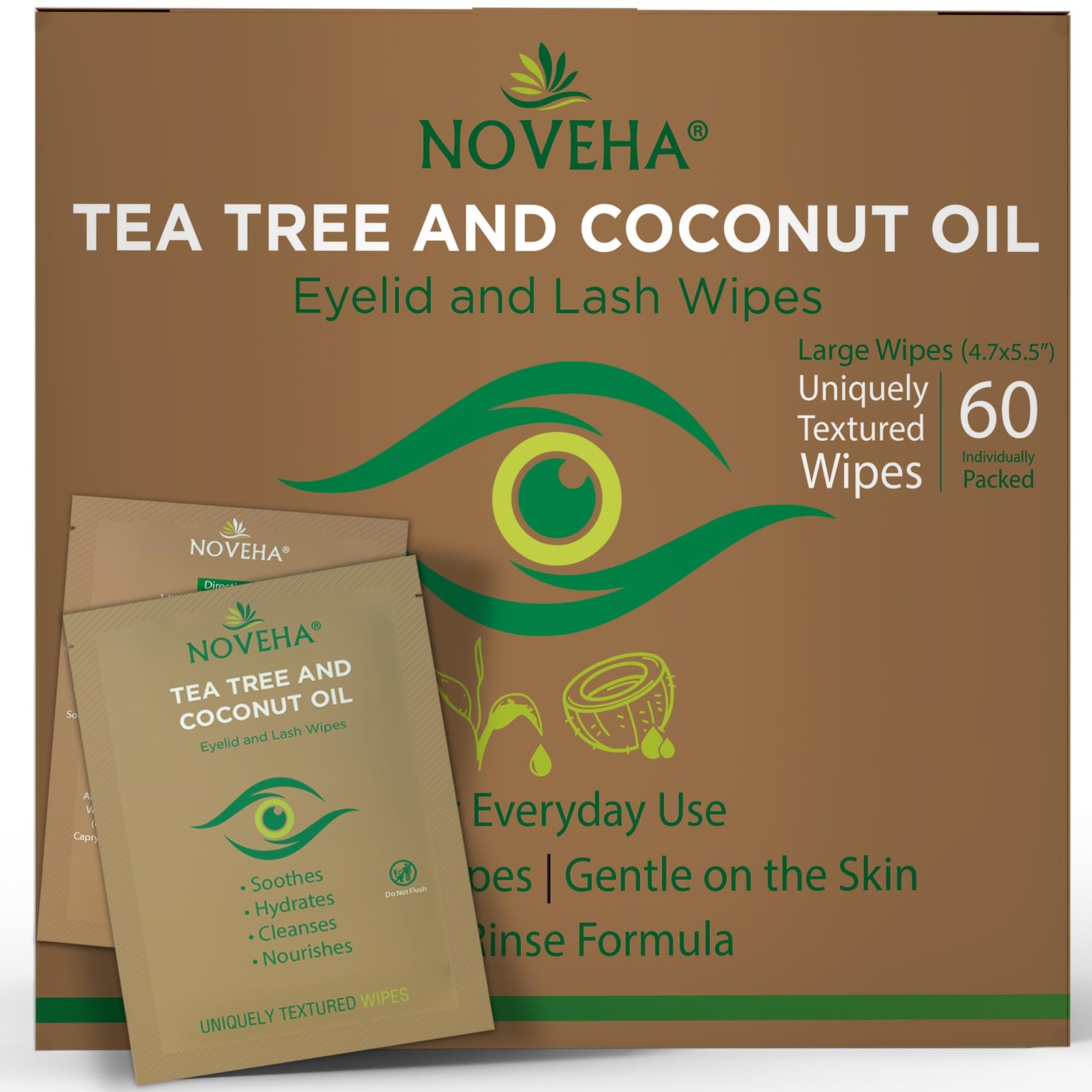 NOVEHA 60PCs Tea Tree & Coconut Oil Eyelid & 60 Count (Pack of 1), 1 Pack