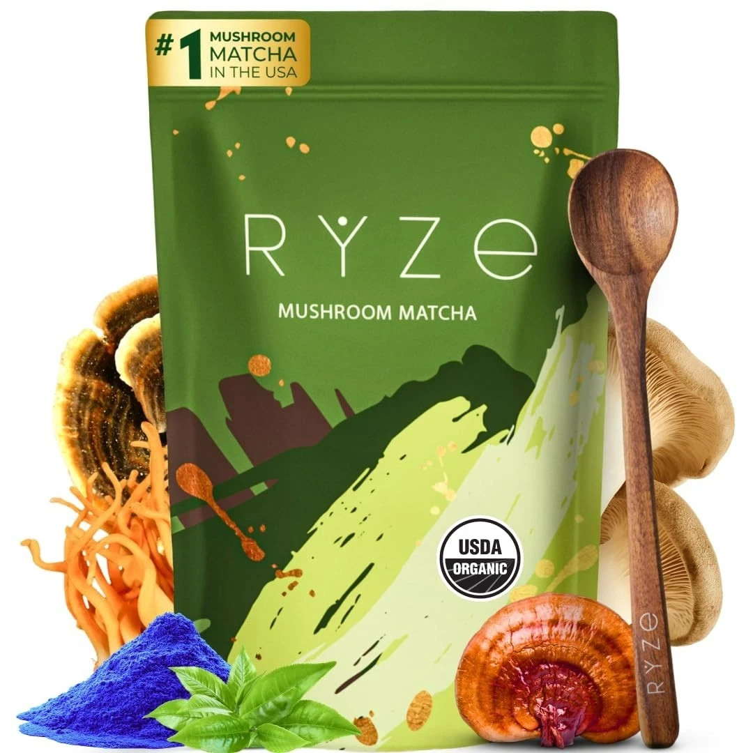 RYZE SUPERFOODS Mushroom Matcha, USDA Organic , 30 Servings EXP: 04/01/2027