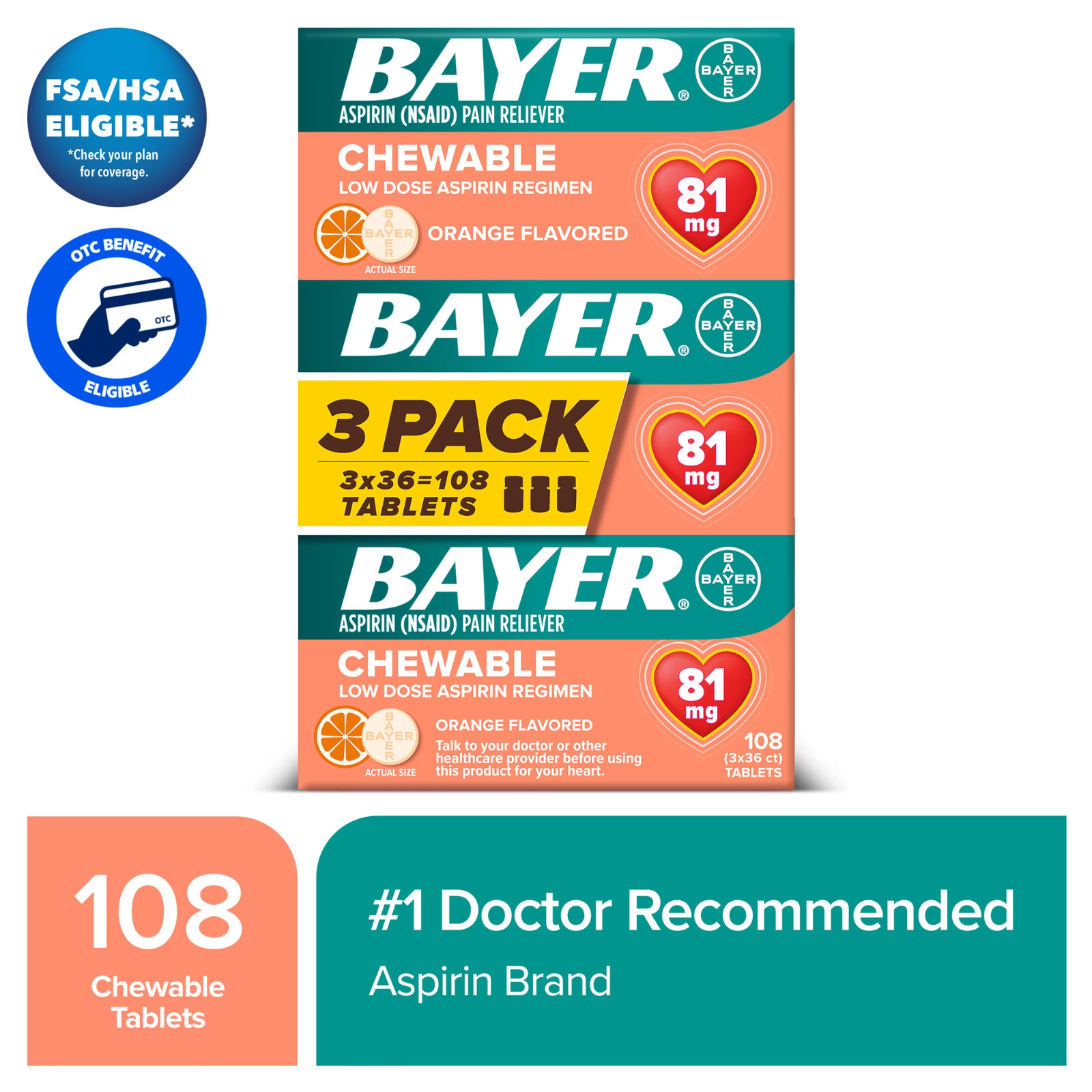 Bayer Chewable Aspirin Regimen Low Dose Pain Reliever Tablets, 81mg, Orange, 108