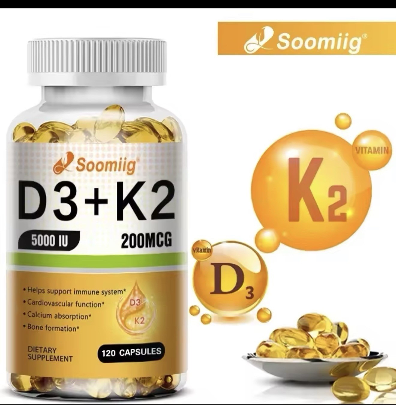 Vitamin D3 5000IU and 200 Mcg Vitamin K2 (MK-7) Capsules for Calcium Absorption