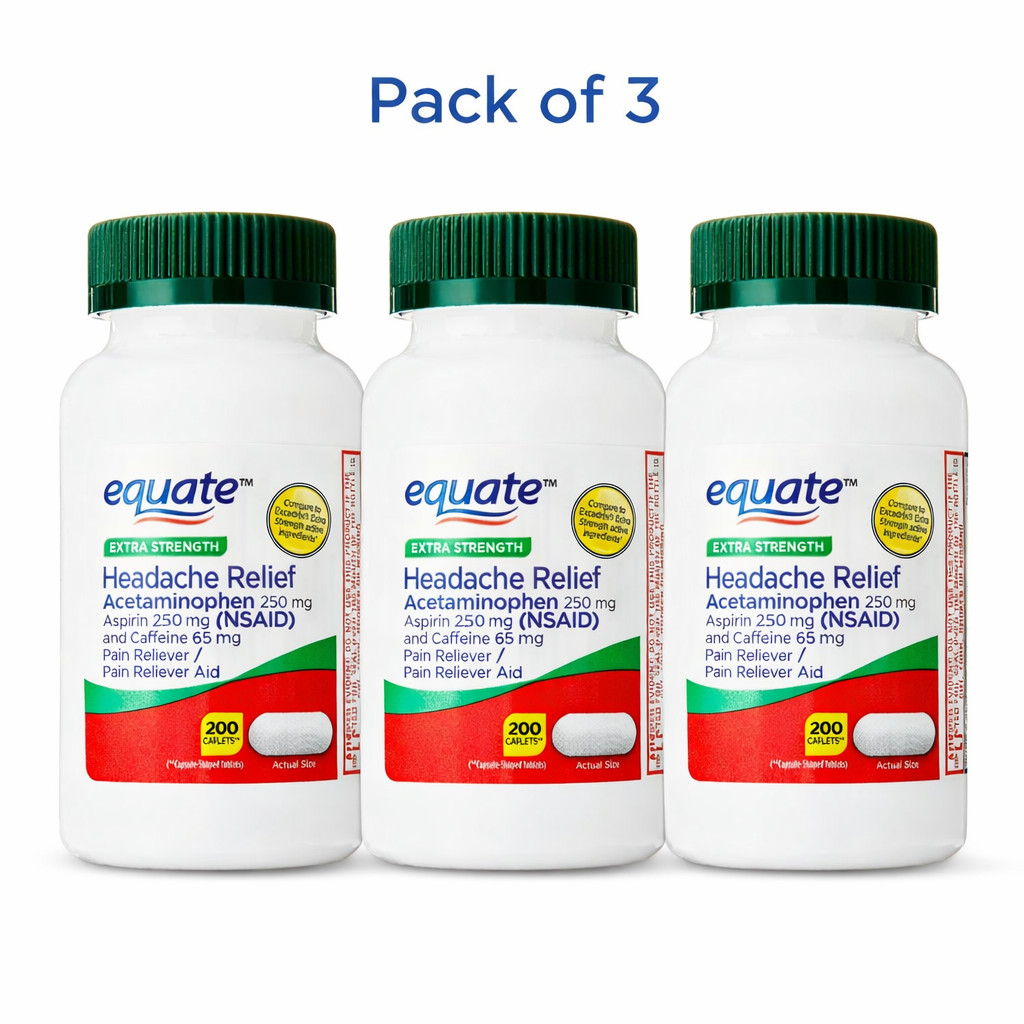 Equate Extra Strength Headache Relief Caplets, 250mg, 200 Count pack 3