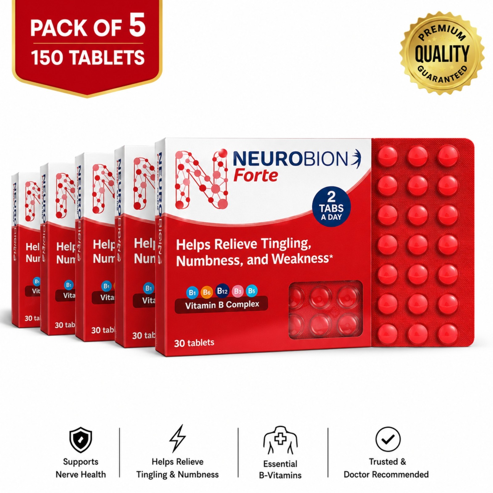 Neurobion Forte Vitamin B Complex Pack of 5 x 30 Tabs 150 Tablets B1 B6 B12