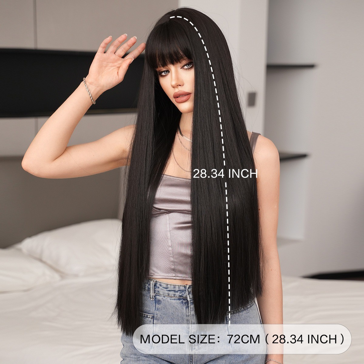 One-size-fits-all ultra-long straight hair 28in wig with female side-swept bangs