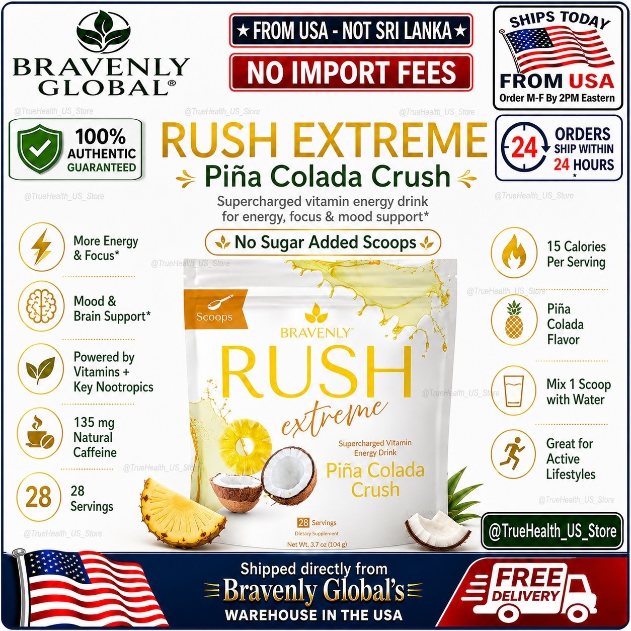 Bravenly Rush Extreme Pina Colada No Sugar Added Scoops 28 Servings🚚From USA🚚