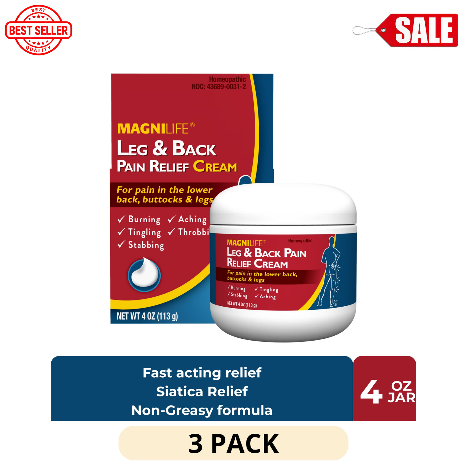 3 Pack MagniLife Pain Relief Cream 4oz Leg Back Sciatica Fast Acting Non Greasy