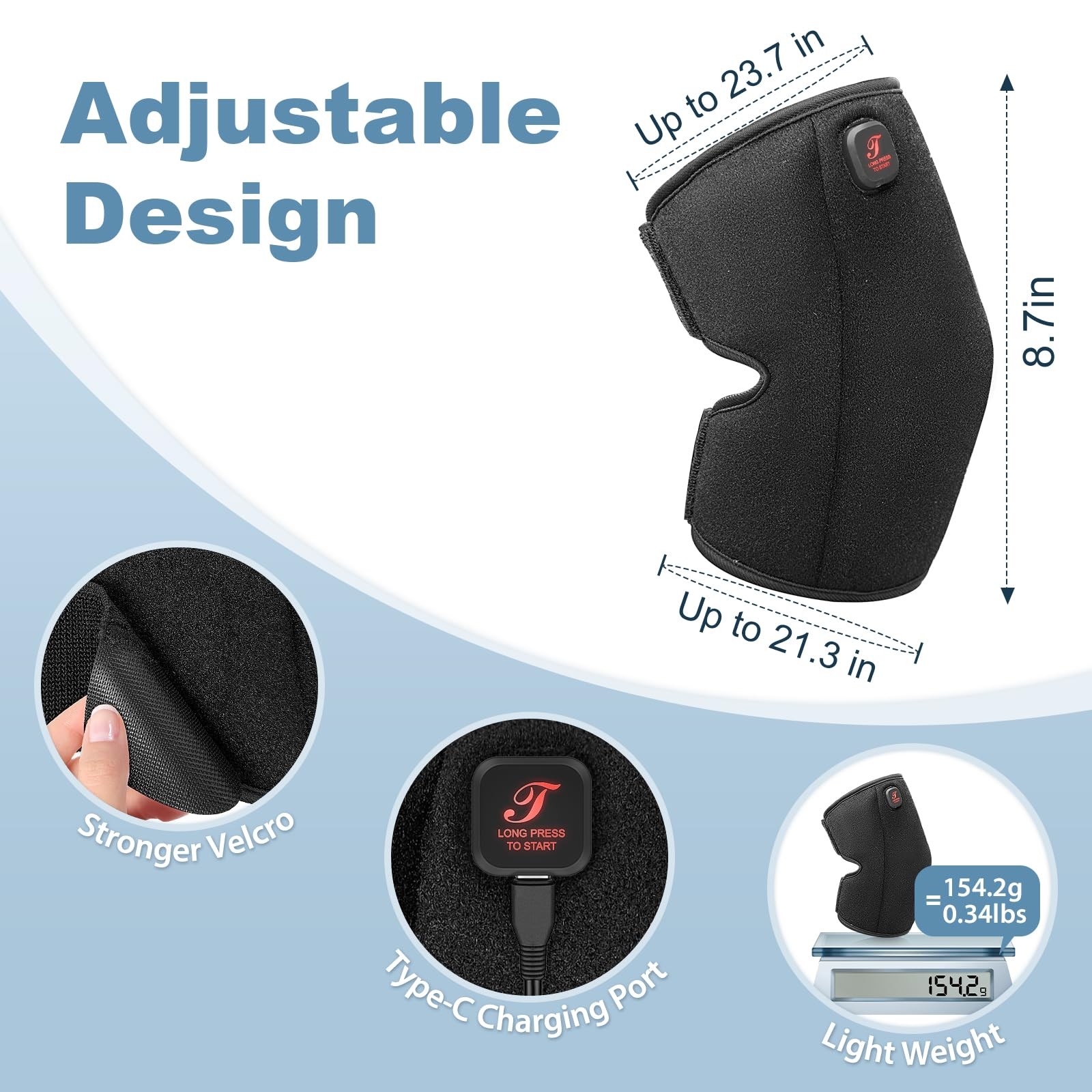 Cordless Heated Knee Brace Pad 3 Temperature 3000mAh Battery Wrap Black 1 PC