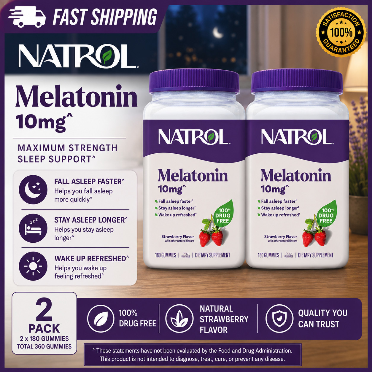 2 Pack Natrol Sleep Melatonin 10mg Per Serving Gummies, Strawberry, 180 ct.