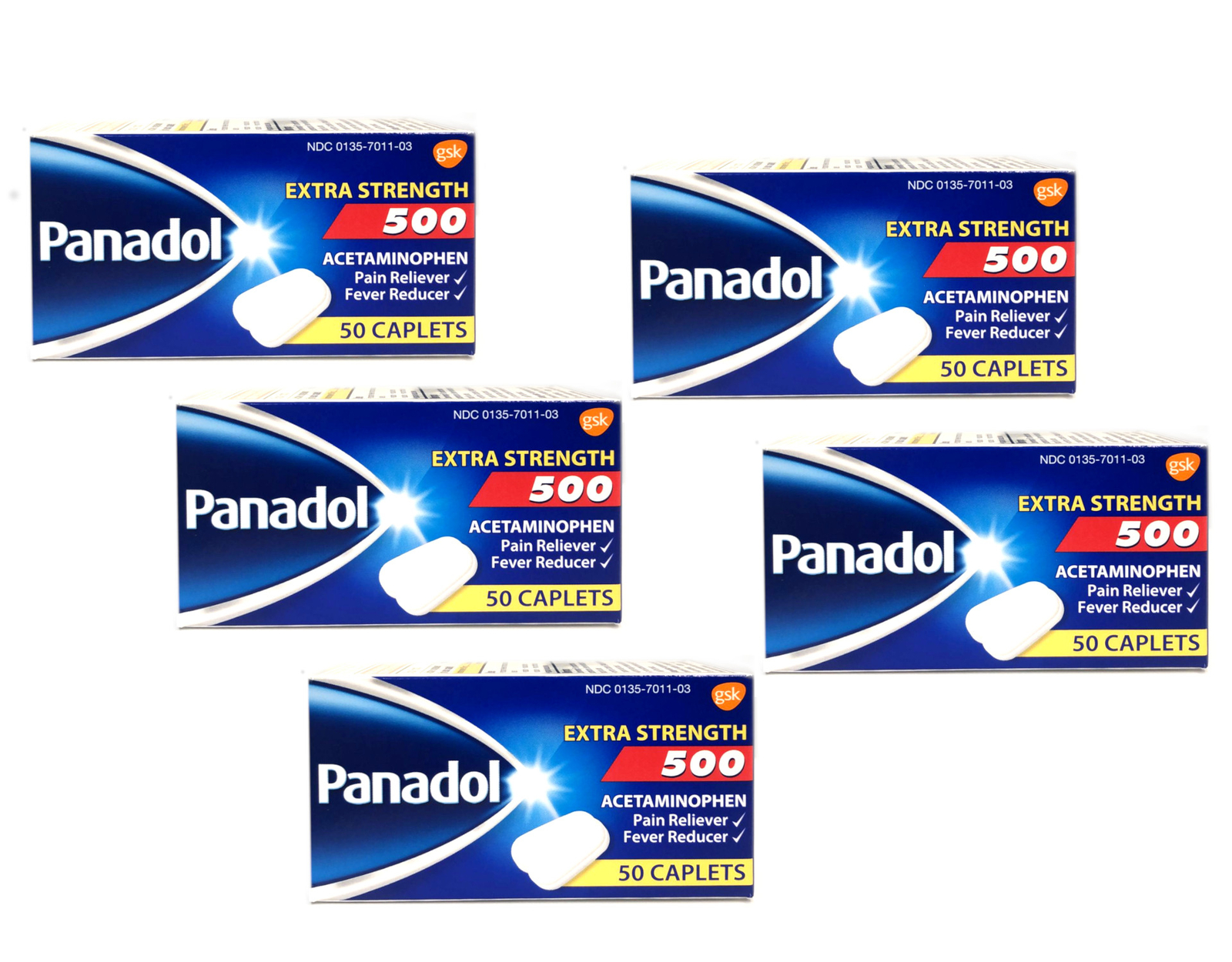 Panadol Extra Strength 500mg Acetaminophen, 50 Caplets – Pack of 5