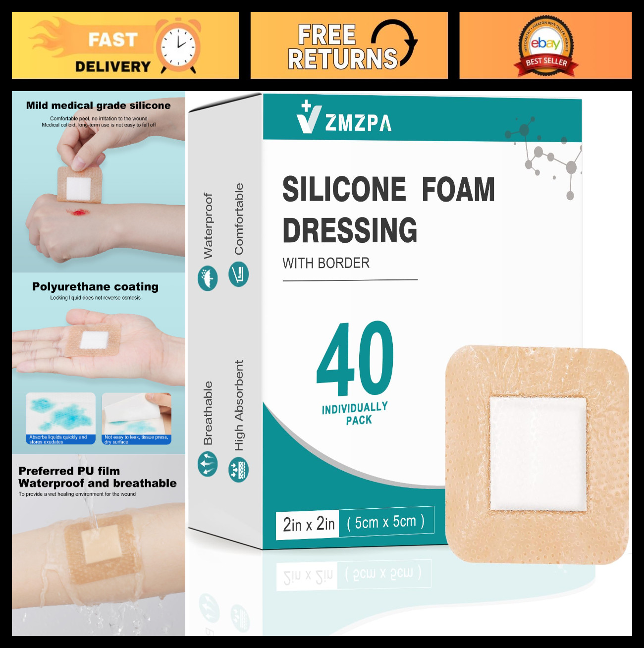 40 Pcs Waterproof Silicone Foam Dressings 2×2, Self-Adhesive Wound Care Pads