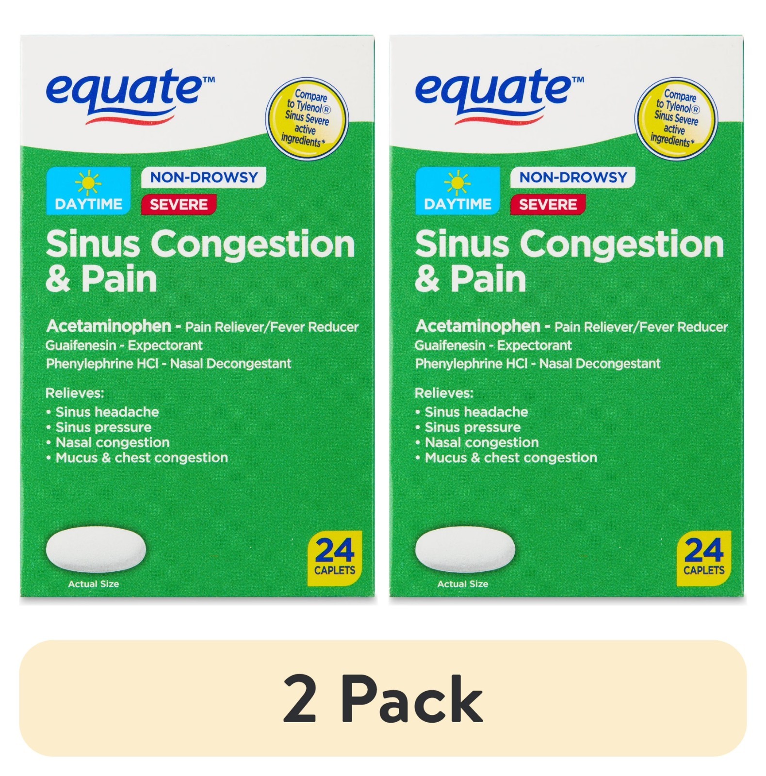 (2 pack) Equate Non-Drowsy Severe Sinus Congestion & Pain Caplets, 24 Count