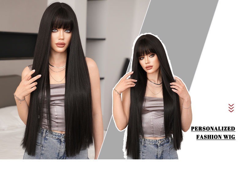 One-size-fits-all ultra-long straight hair 28in wig with female side-swept bangs