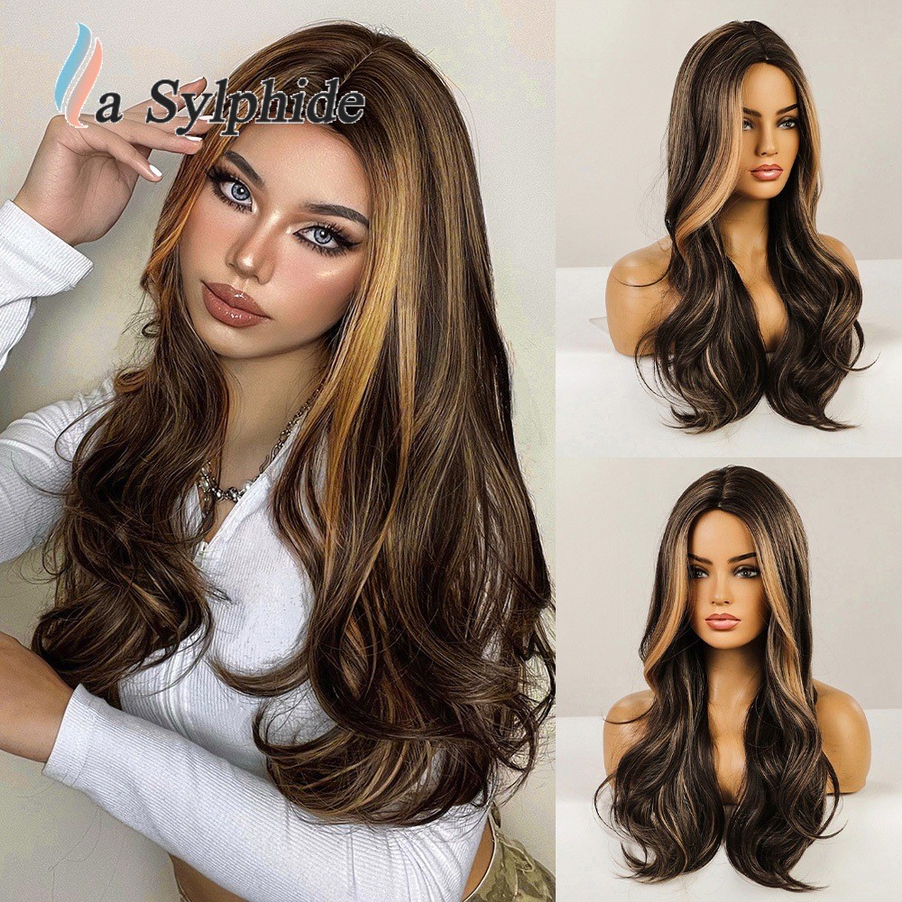 Brown Ombre Middle Part Long Curly Wig Full Machine Made Synthetic Full Head