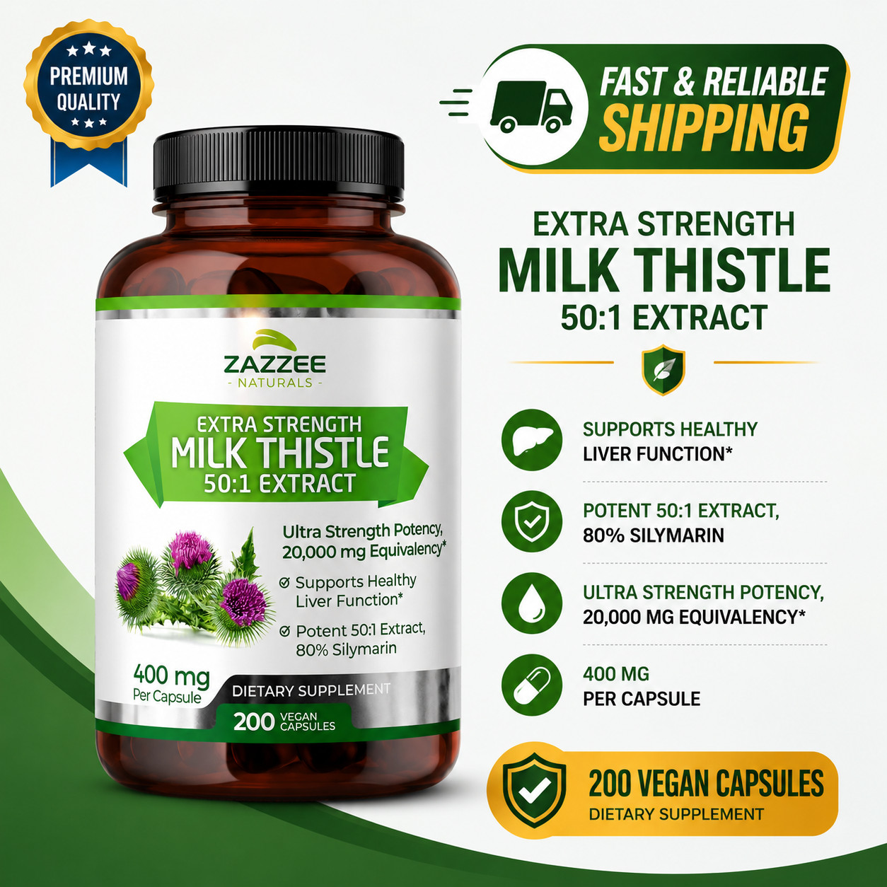 Organic Milk Thistle Extract 20,000 mg Strength, 200 Vegan Capsules (Free Ship)